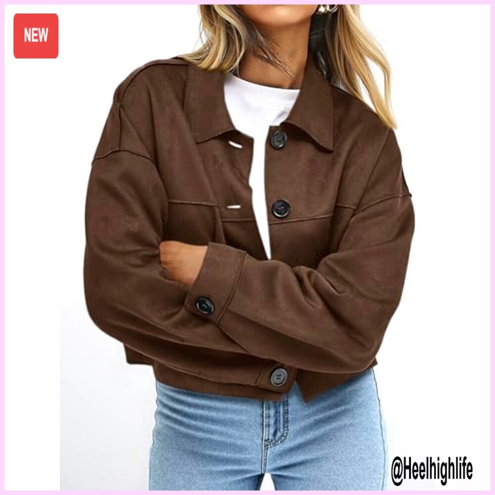 Faux Suede Cropped Jacket, Button Front, Patch Pockets, Lightweight Fall - Picture 3 of 7